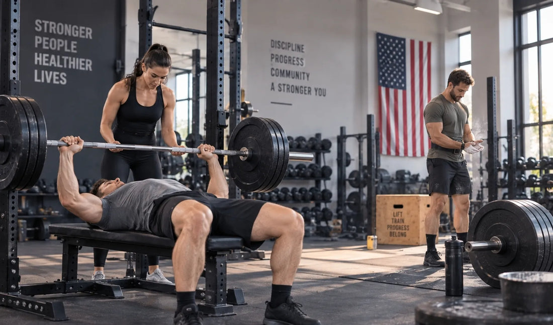 A man performing a barbell bench press in a gym