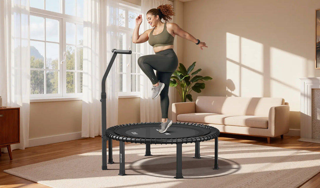 A woman exercises on a mini trampoline