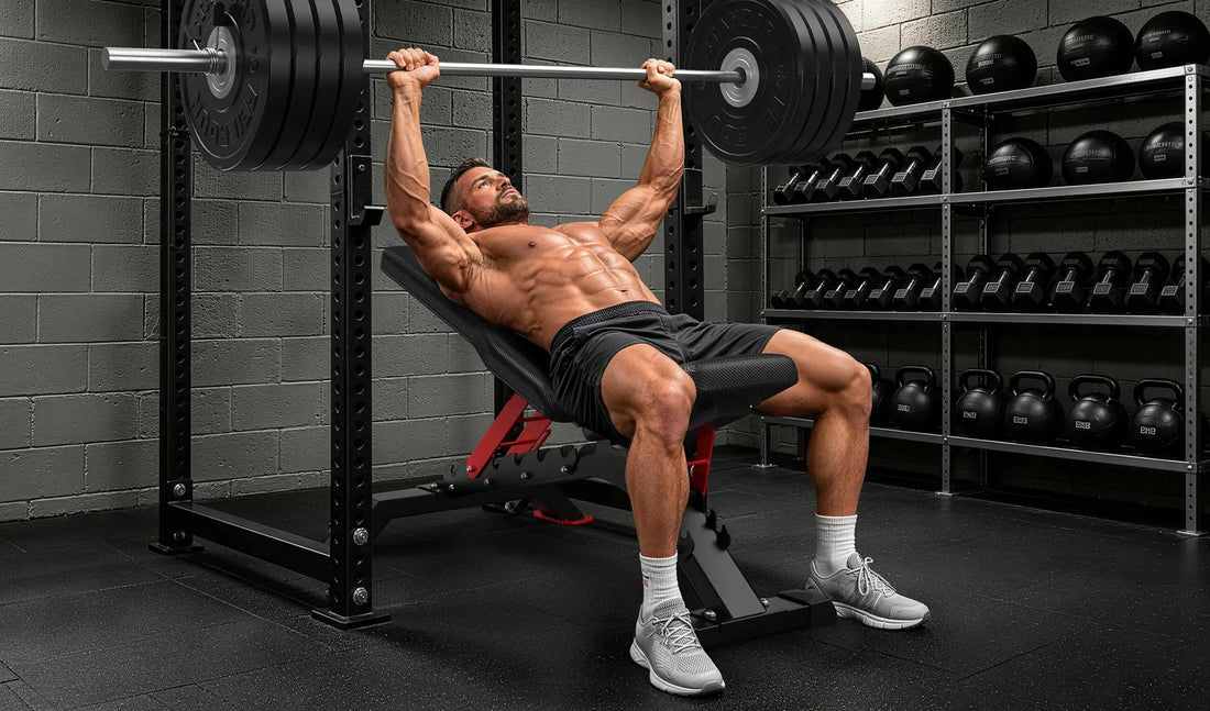 A person with a muscular build is performing a bench press