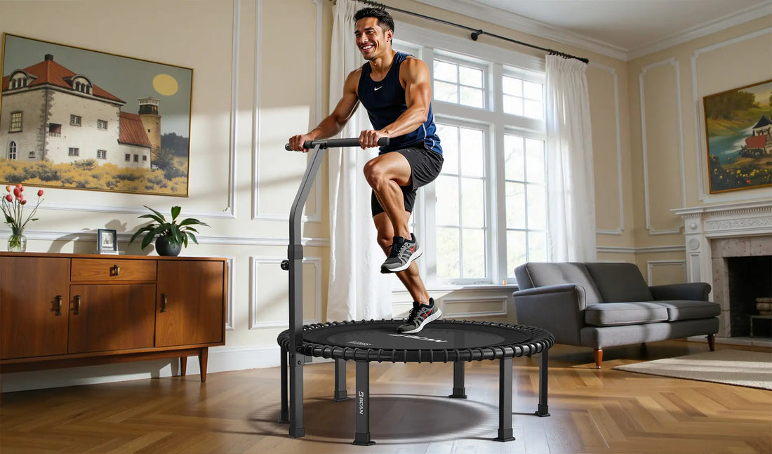 Man jogging on a mini-trampoline while holding the handrail