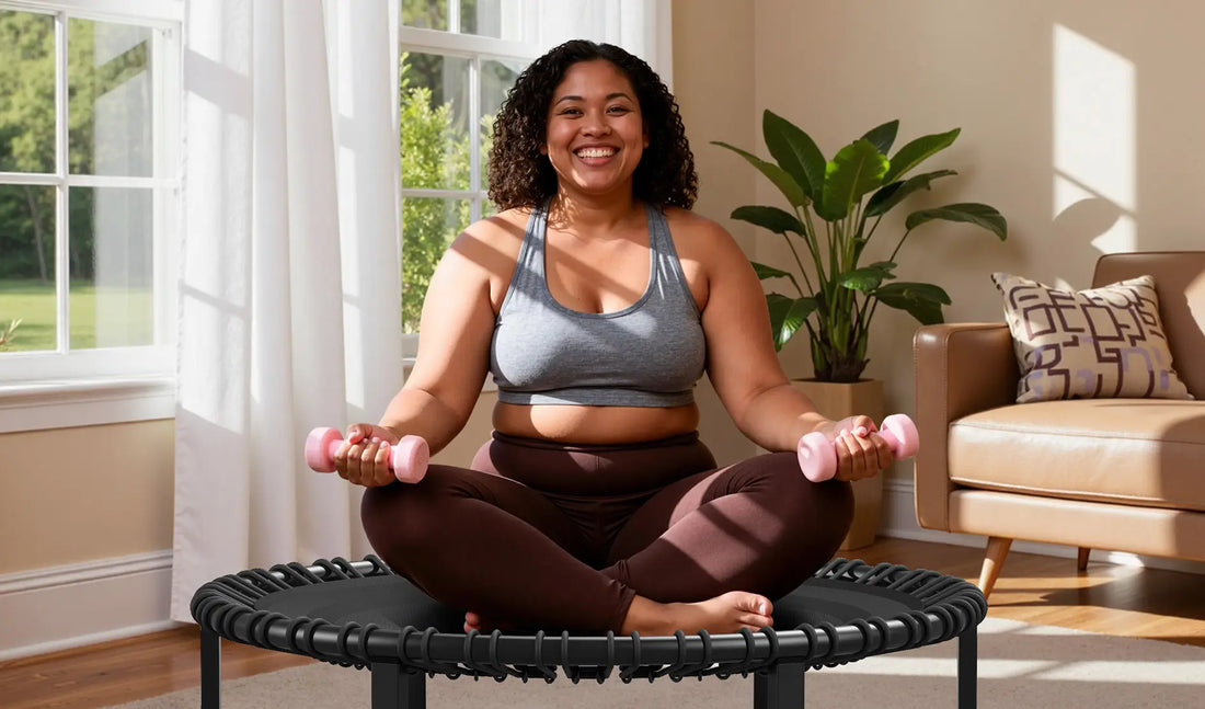 A chubby girl sitting on a mini trampoline