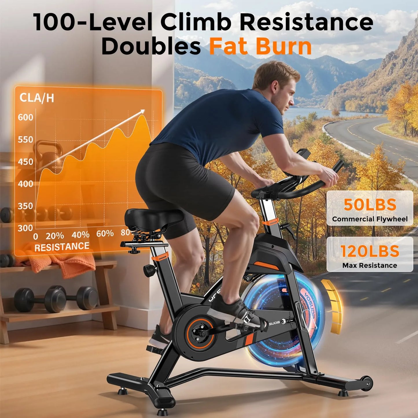 Person using a stationary bike with fitness graphics and text about resistance levels and fat burn.