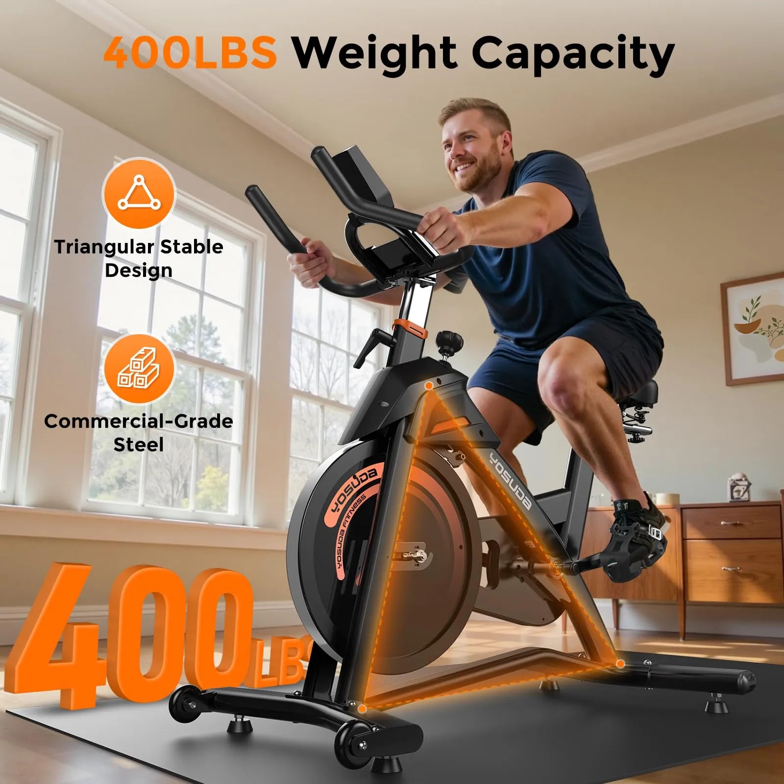 Man exercising on a stationary bike with 400 lbs weight capacity and stable design features highlighted.