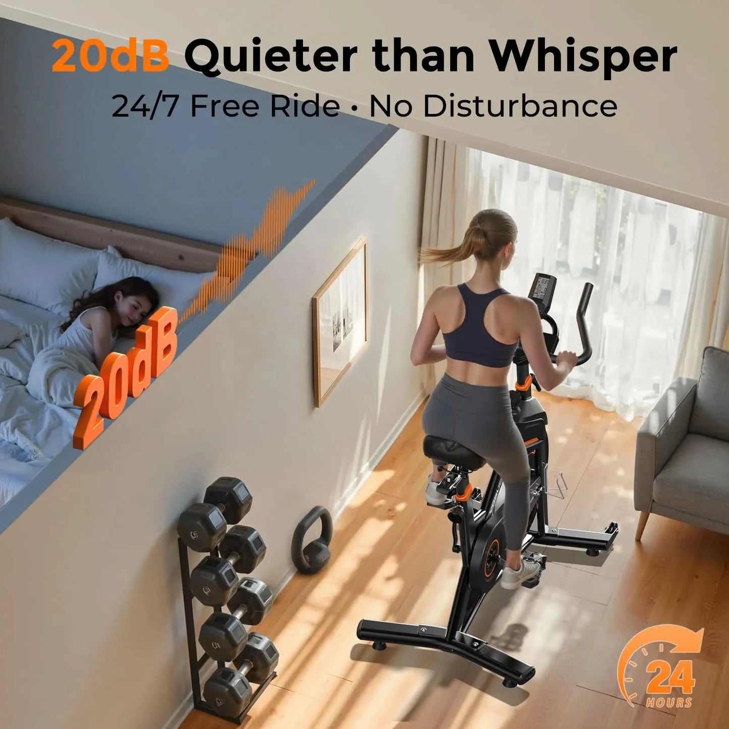 Woman exercising on a stationary bike in a bedroom with '20dB Quieter than Whisper' text.