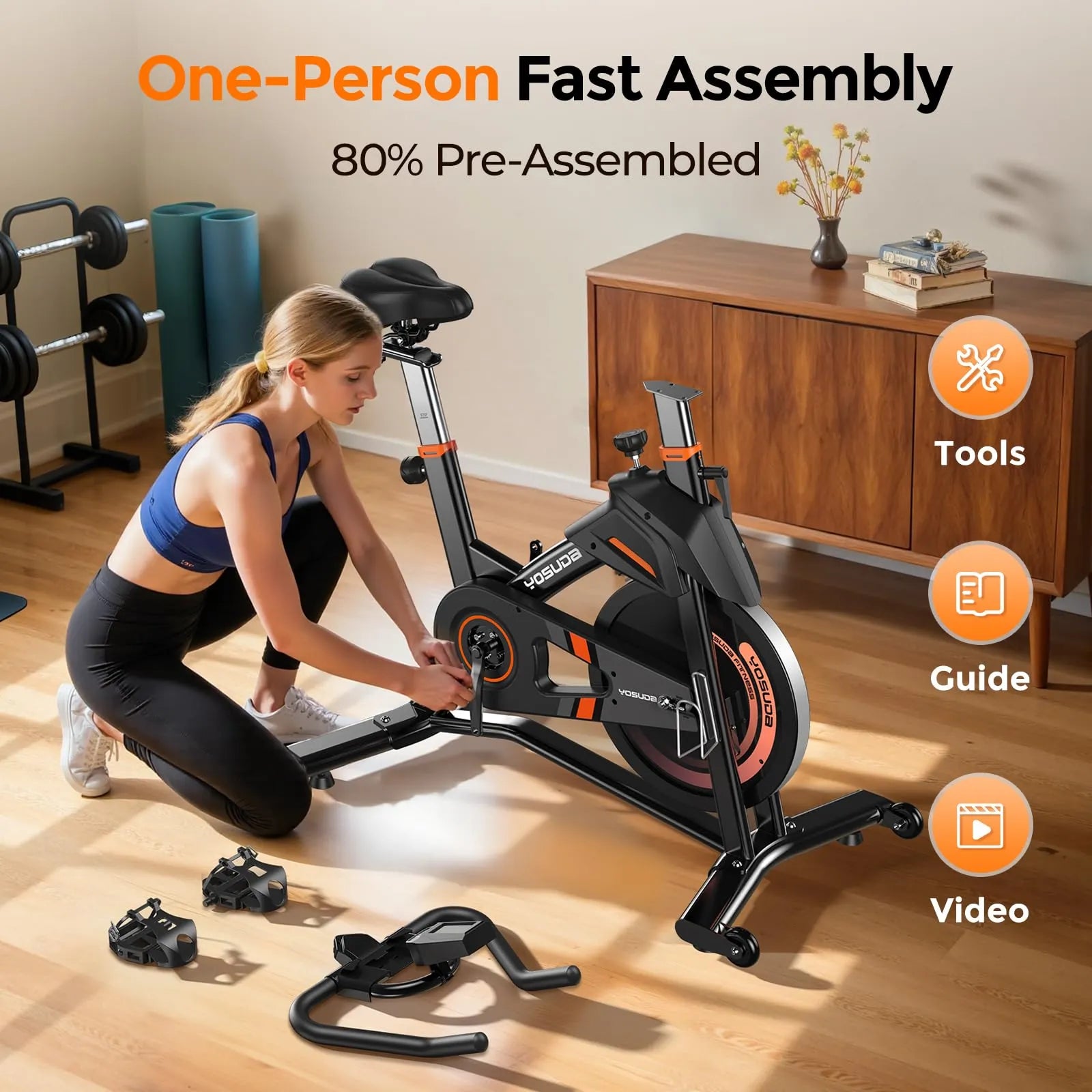 Woman assembling an exercise bike in a home setting with text on assembly and pre-assembly.