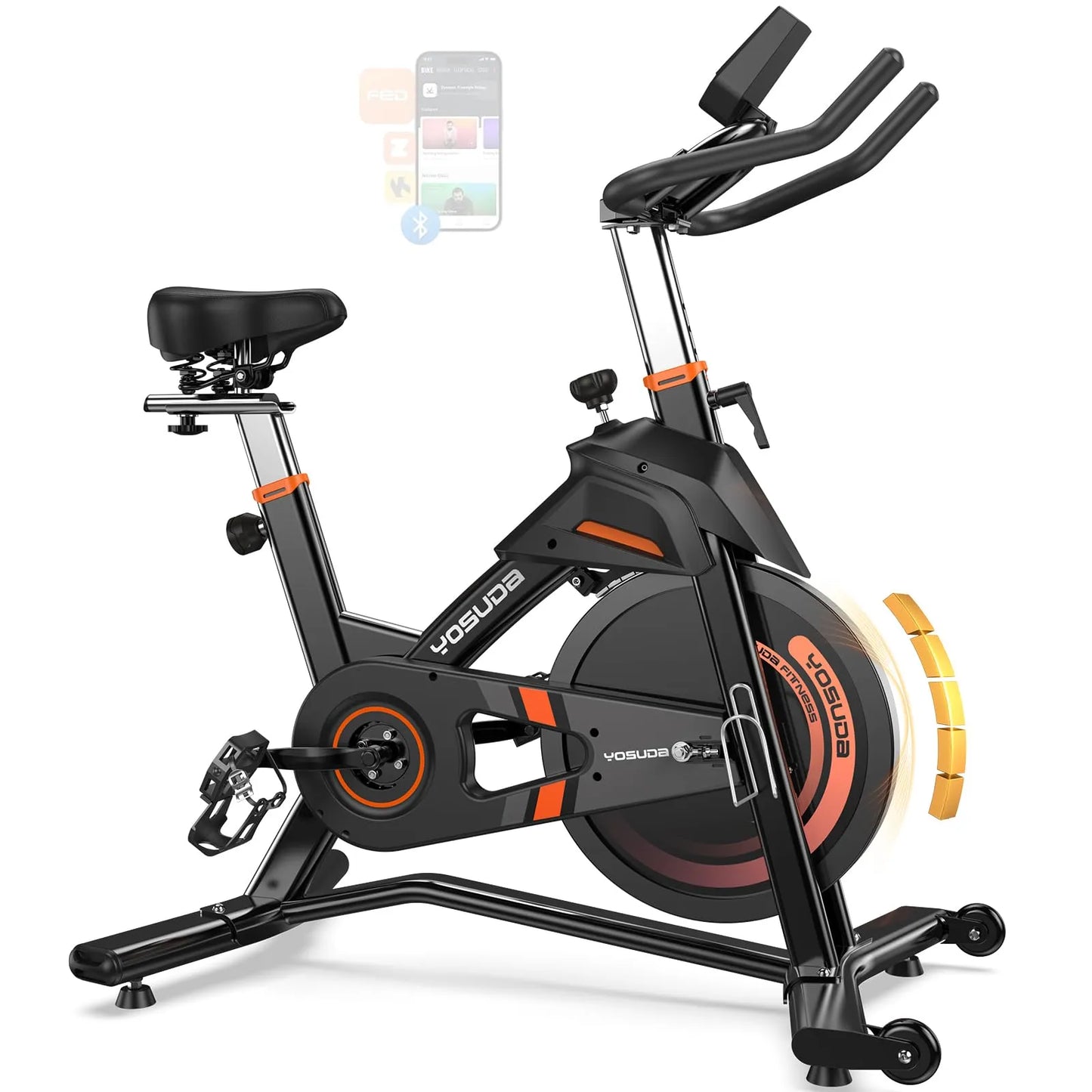Yogasde indoor cycling bike with smartphone app display on a white background