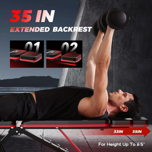 Person using a adjustable workout bench with extended backrest feature, lifting weights.