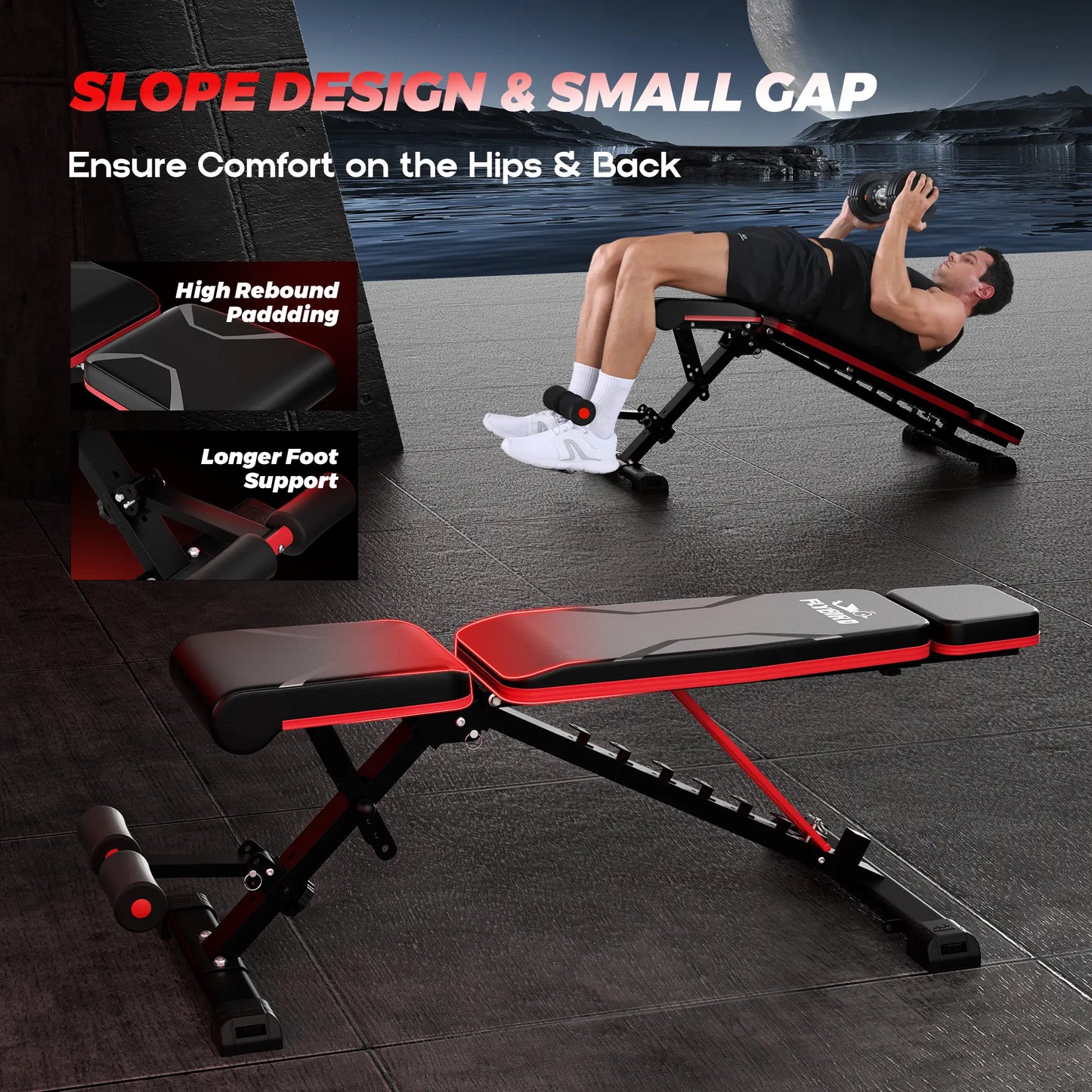 Adjustable weight bench with a person using it, highlighting features like slope design, high rebound padding, and longer foot support.