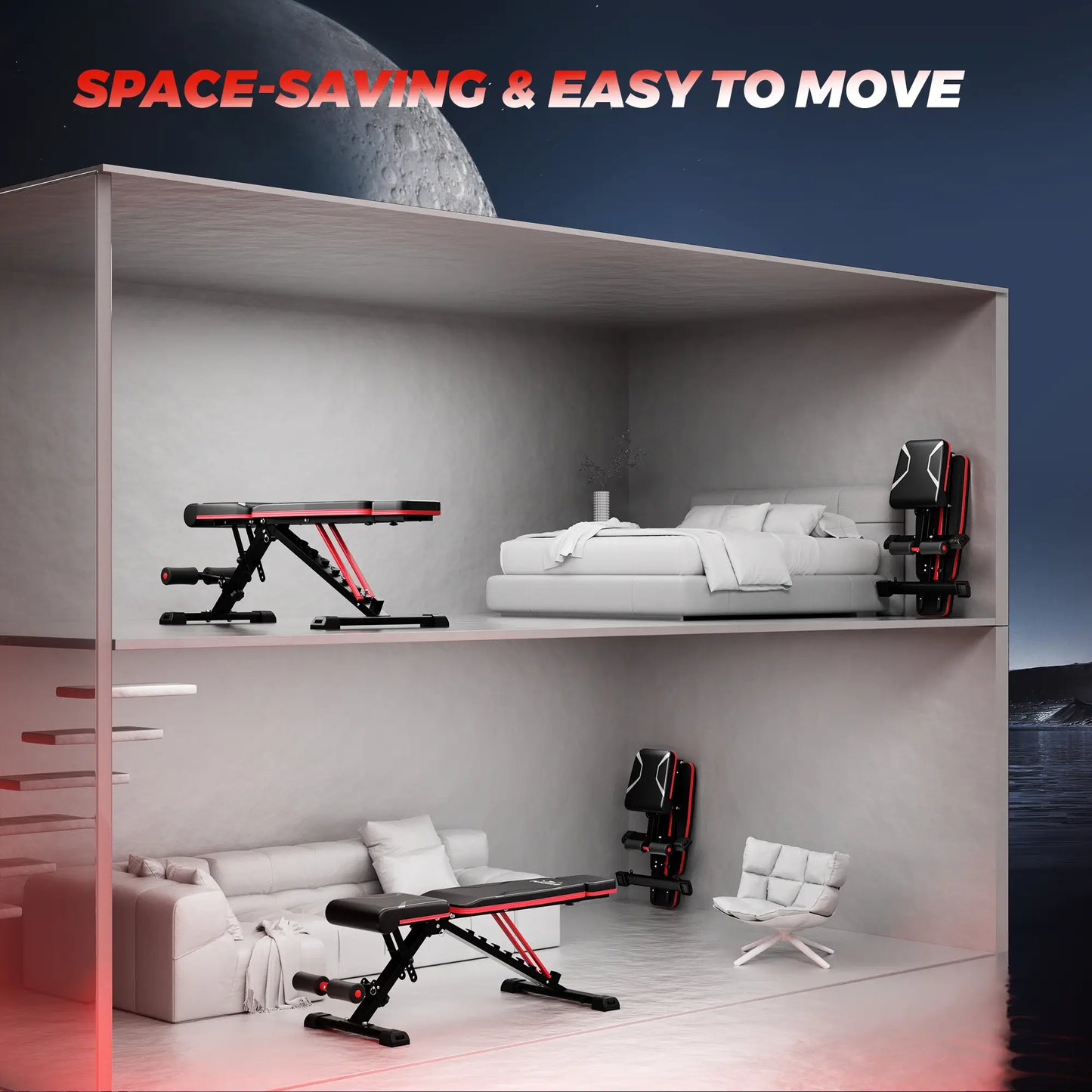 Modern bedroom setup with space-themed decor, including a bed, desk, and chair.