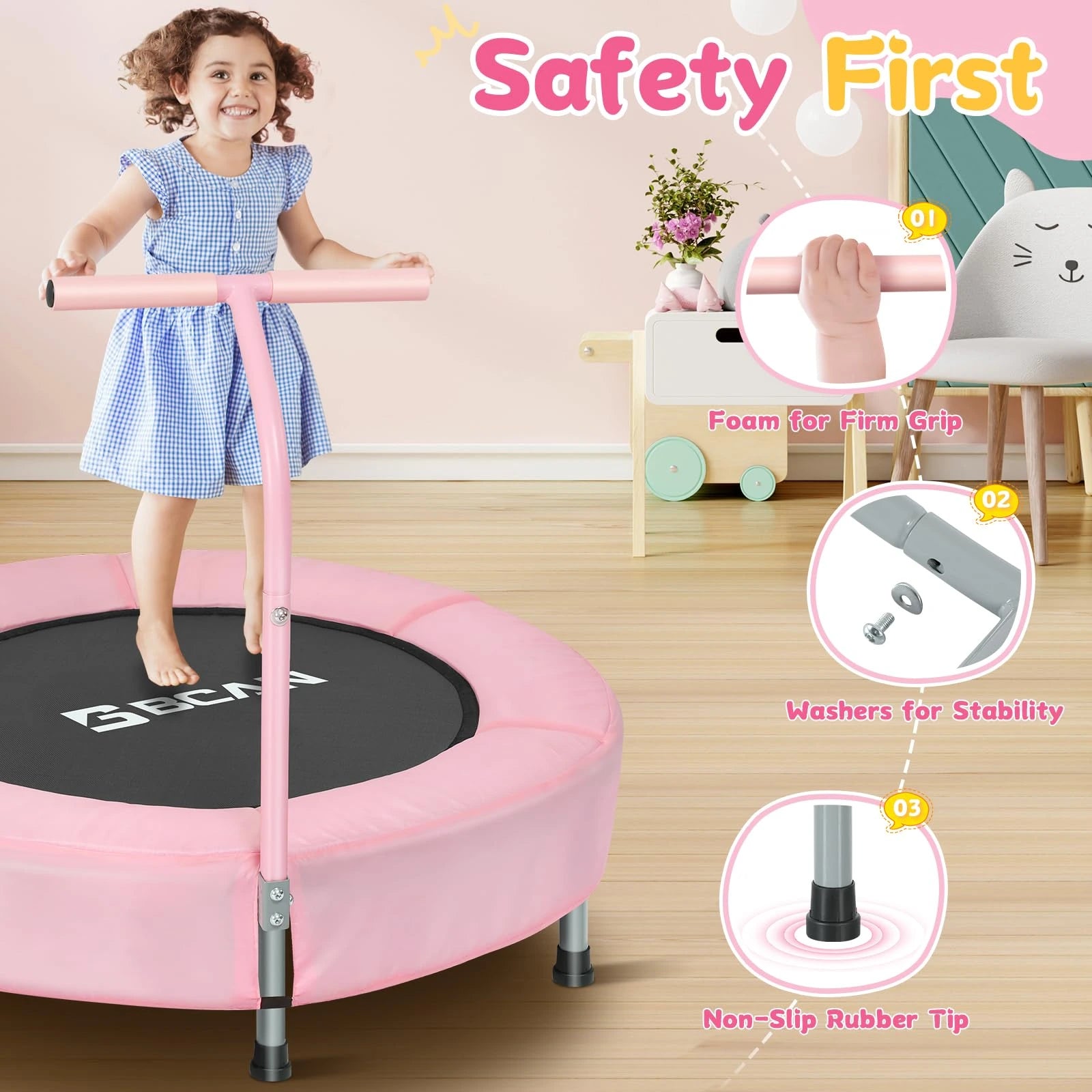 Child on a pink trampoline with safety features highlighted, including foam handle grip, washers for stability, and non-slip rubber tip.