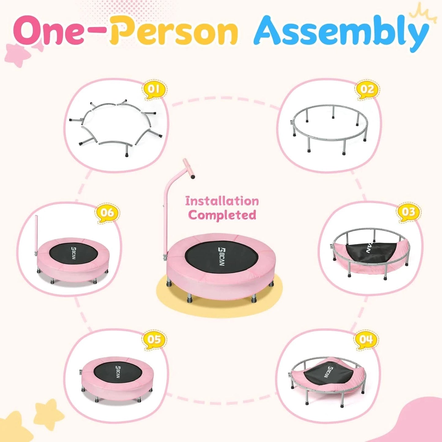 Step-by-step assembly guide for a pink trampoline with text 'One-Person Assembly'.