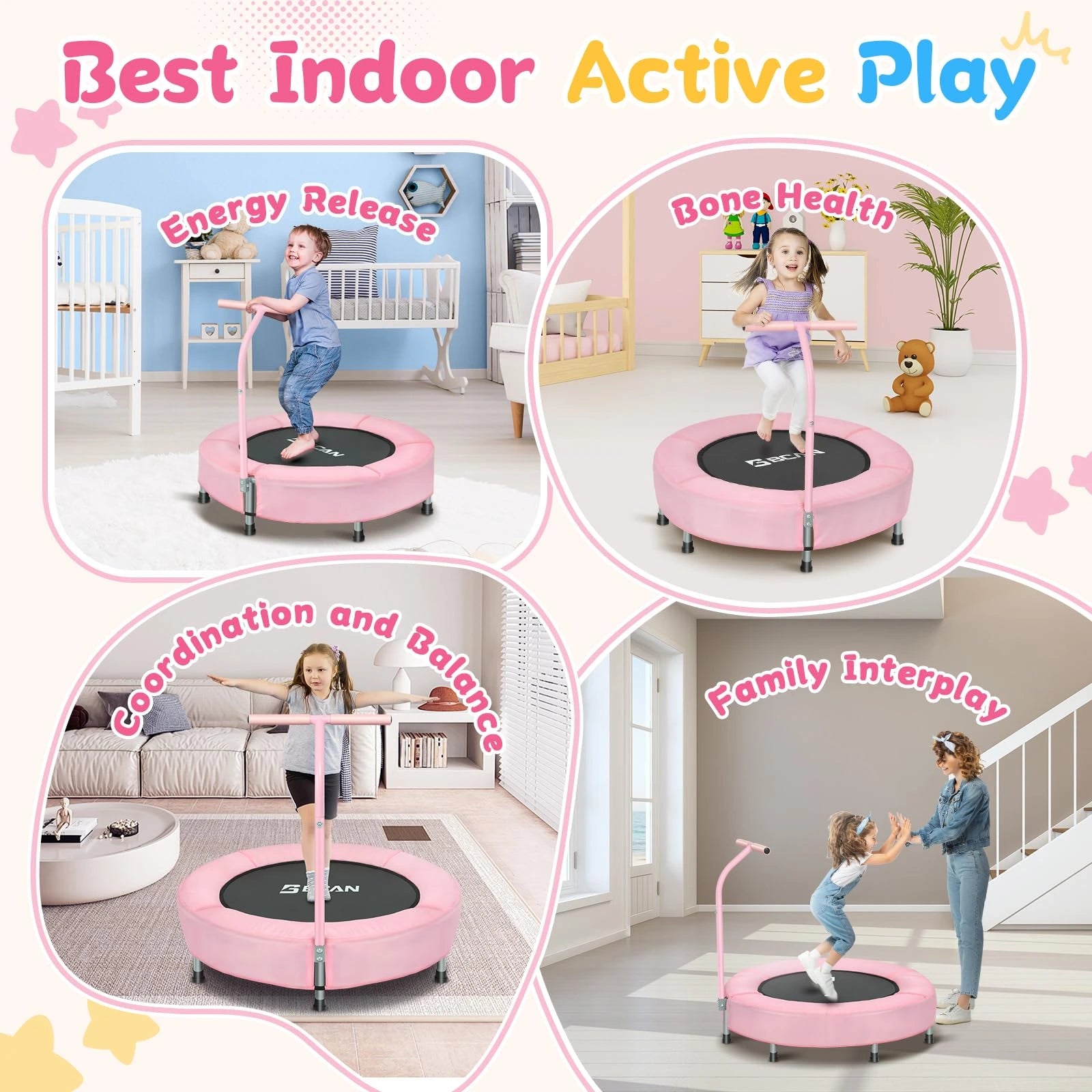 Collage of a pink trampoline with children playing in various indoor settings, highlighting benefits like energy release, bone health, coordination, and family interplay.