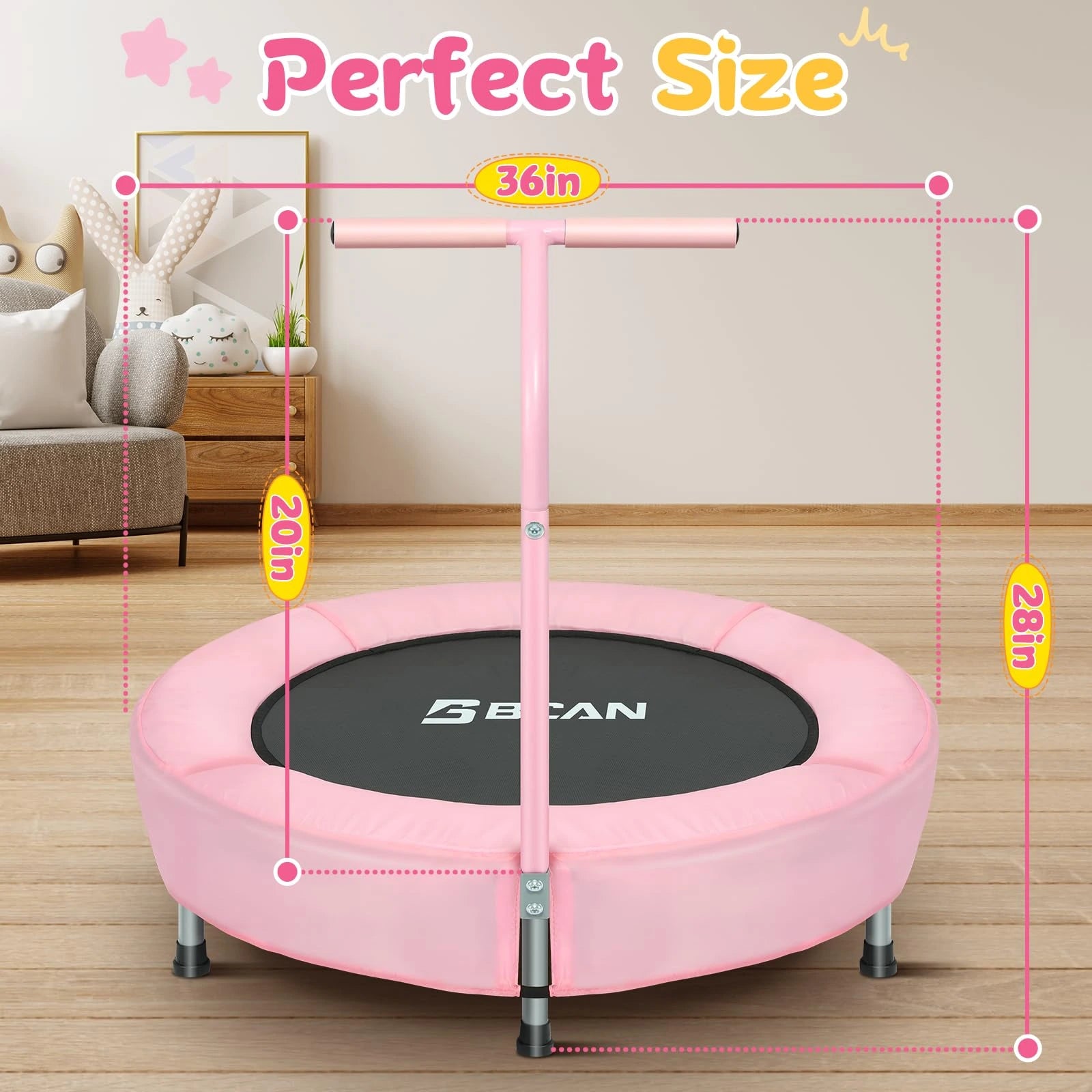 Pink trampoline with dimensions labeled in a room setting