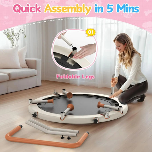 Woman assembling a foldable exercise mat with text indicating quick assembly in 5 minutes.