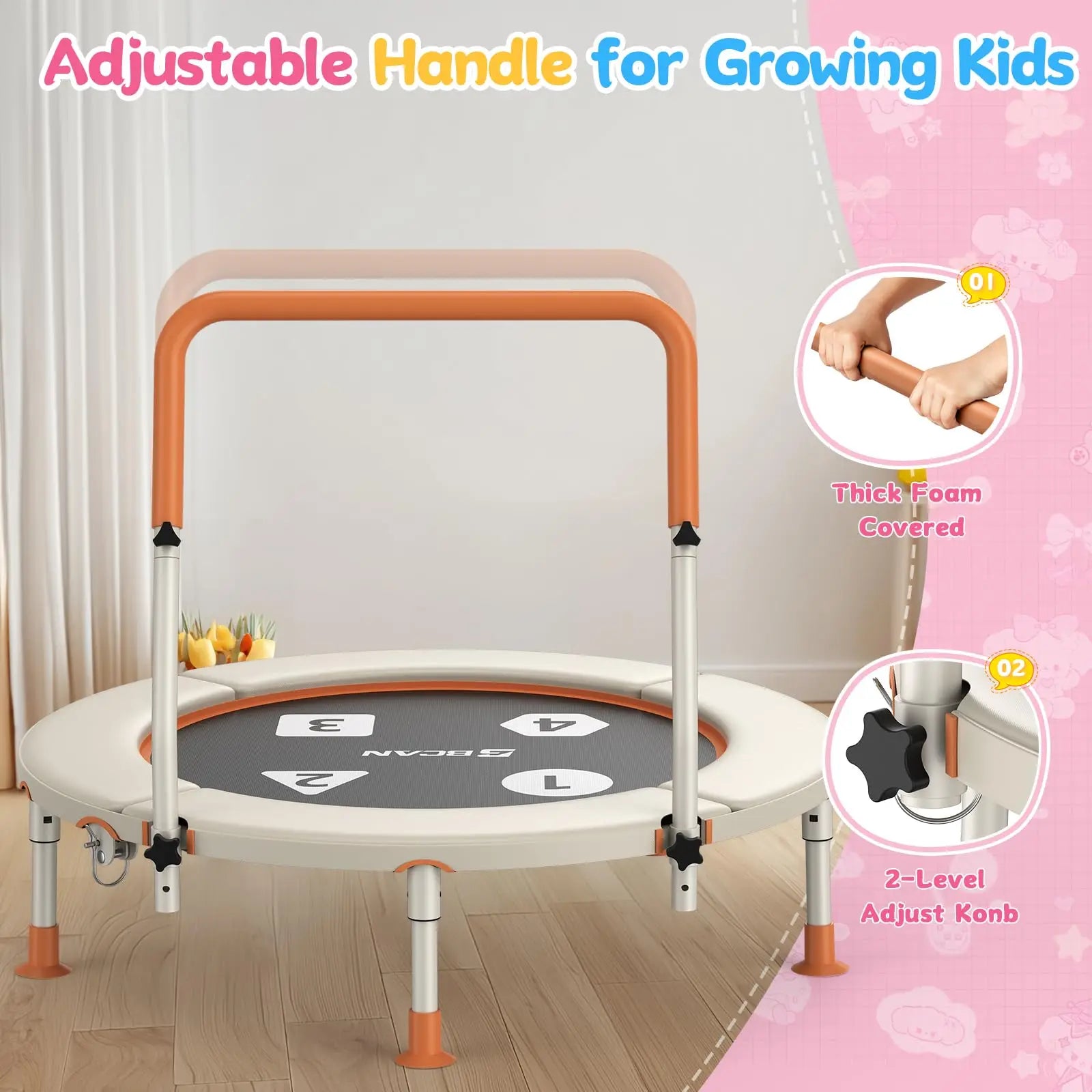 Children's trampoline with adjustable handle on a wooden floor, featuring text about its features.