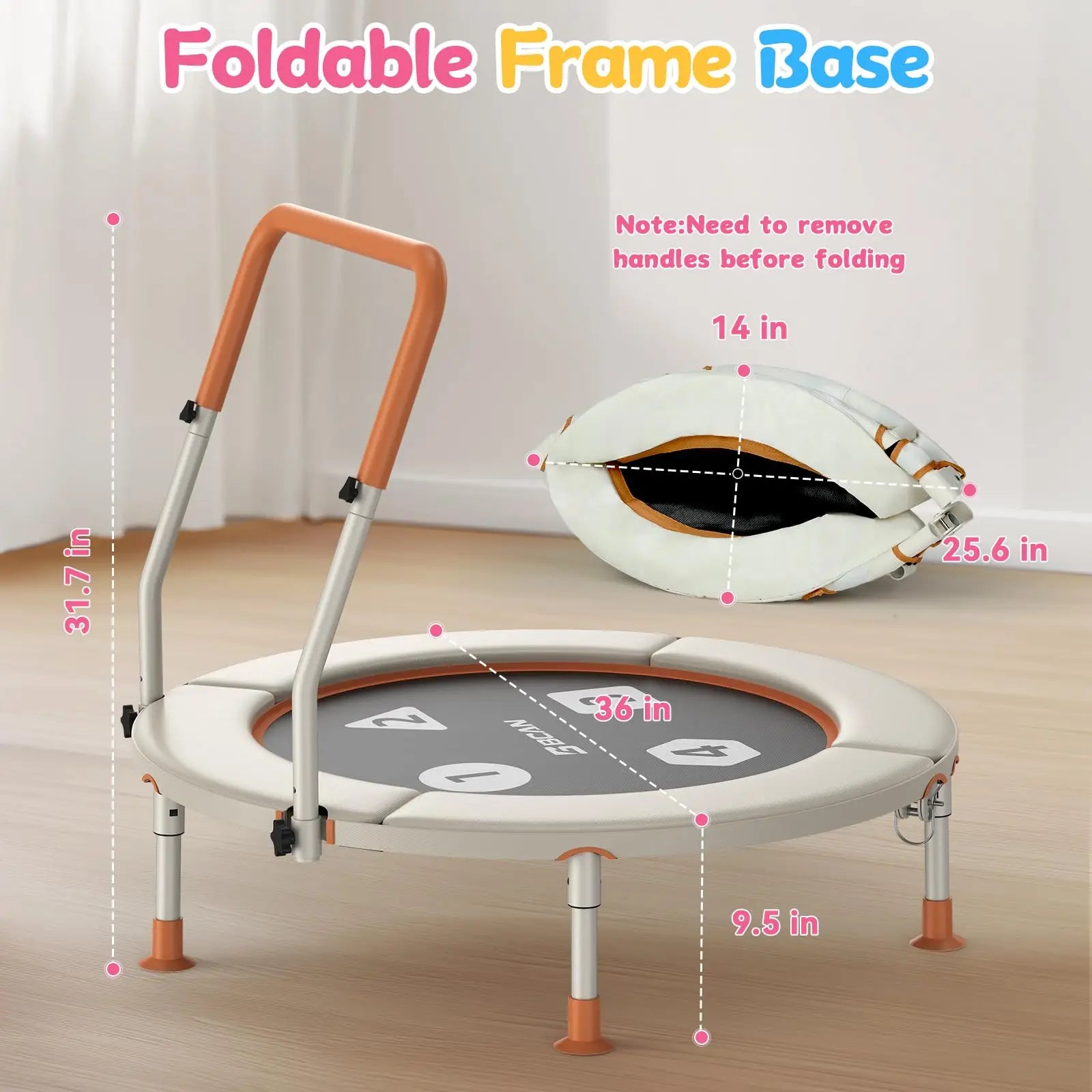 Foldable frame base with dimensions and handle removal note on a wooden floor.