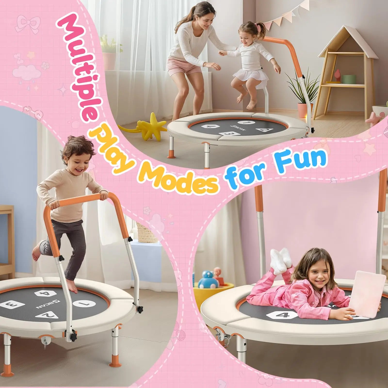 Children playing on a small trampoline with text 'Multiple Play Modes for Fun' in a home setting.