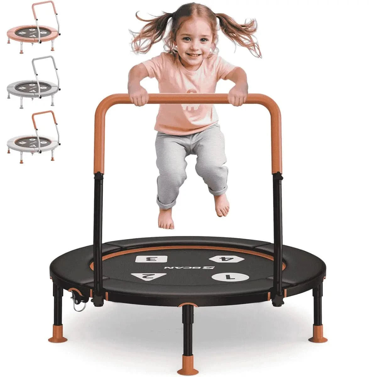 Child jumping on a small trampoline with handles on a white background