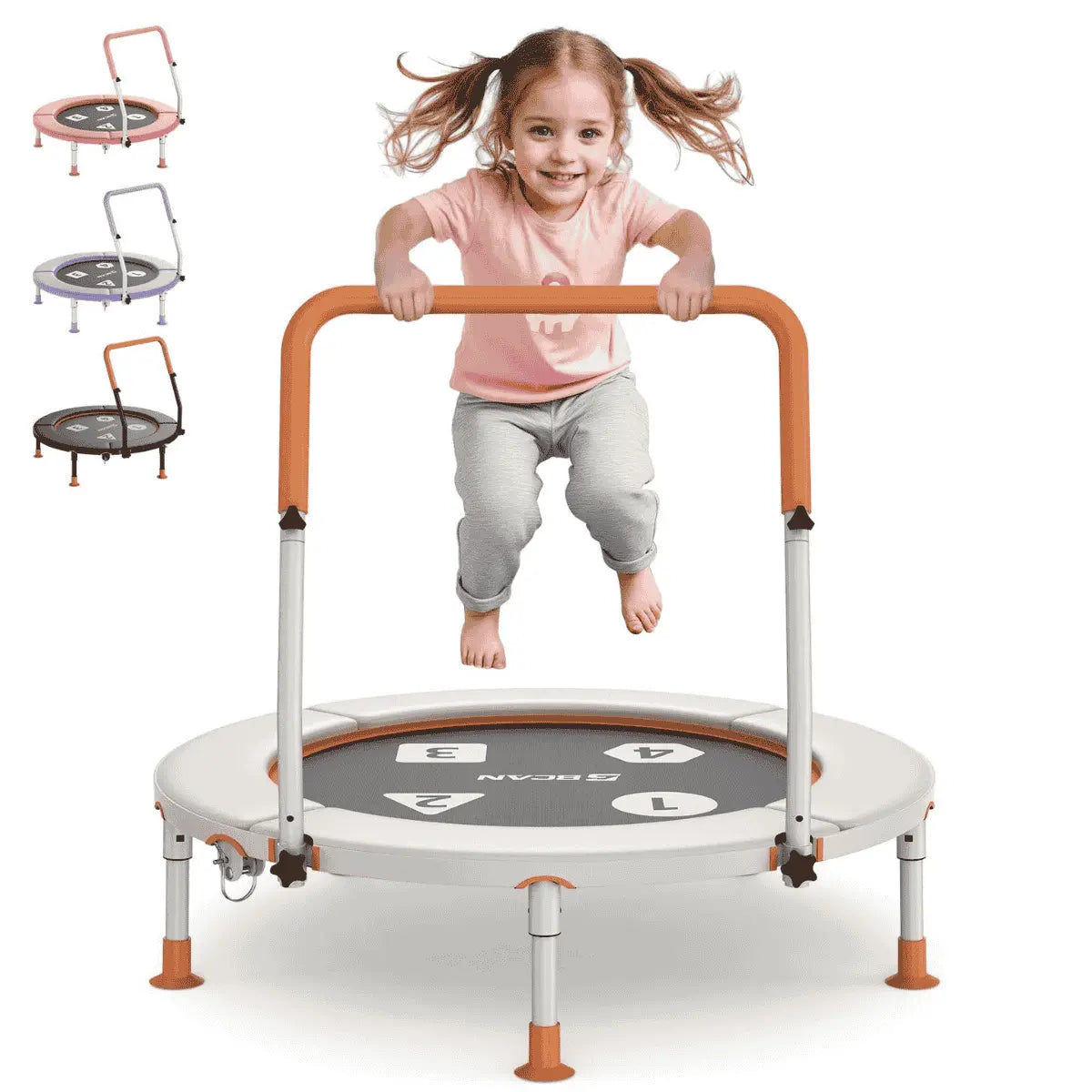 Child jumping on a small trampoline with handles, surrounded by additional trampolines.