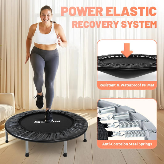 Woman exercising on a trampoline with features highlighted on a white background