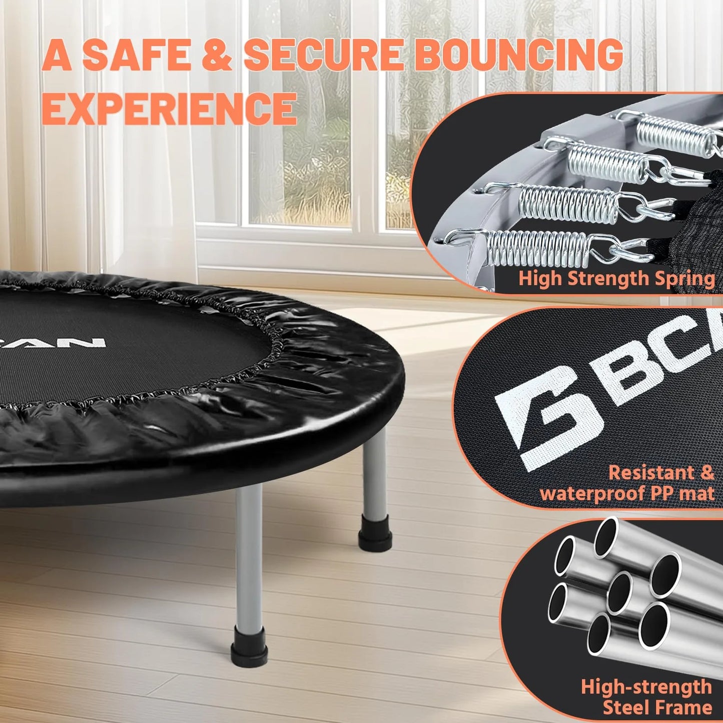 Black rebounder with high-strength spring and steel frame details, brand logo visible.