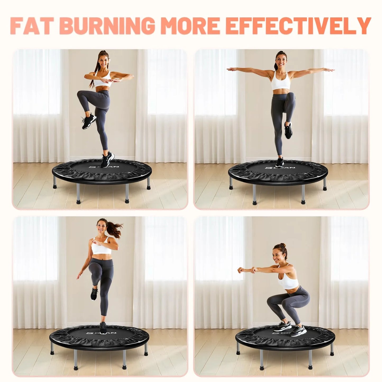 Woman exercising on a black rebounder with text 'Fat Burning More Effectively' above.
