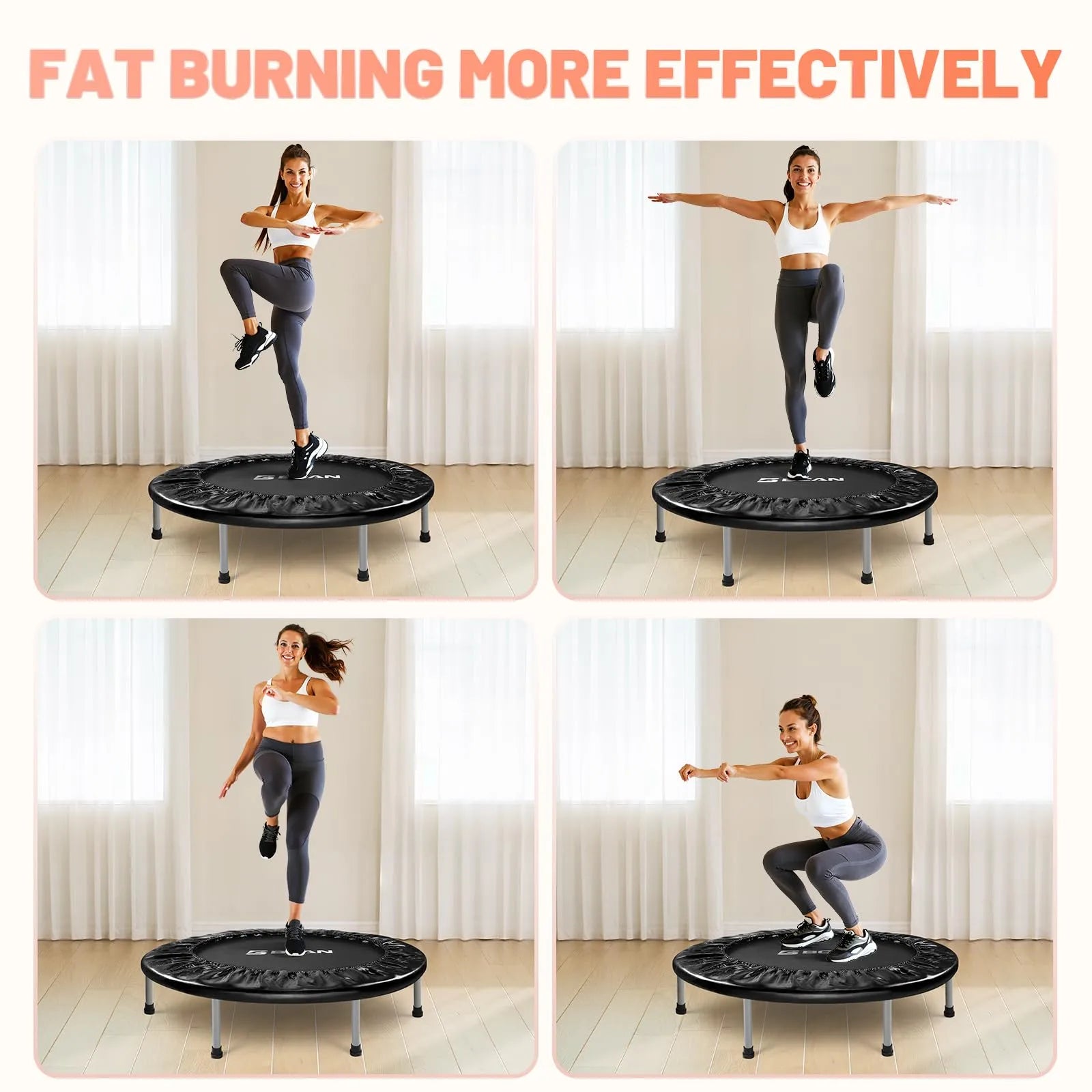 Woman exercising on a black rebounder with text 'Fat Burning More Effectively' above.