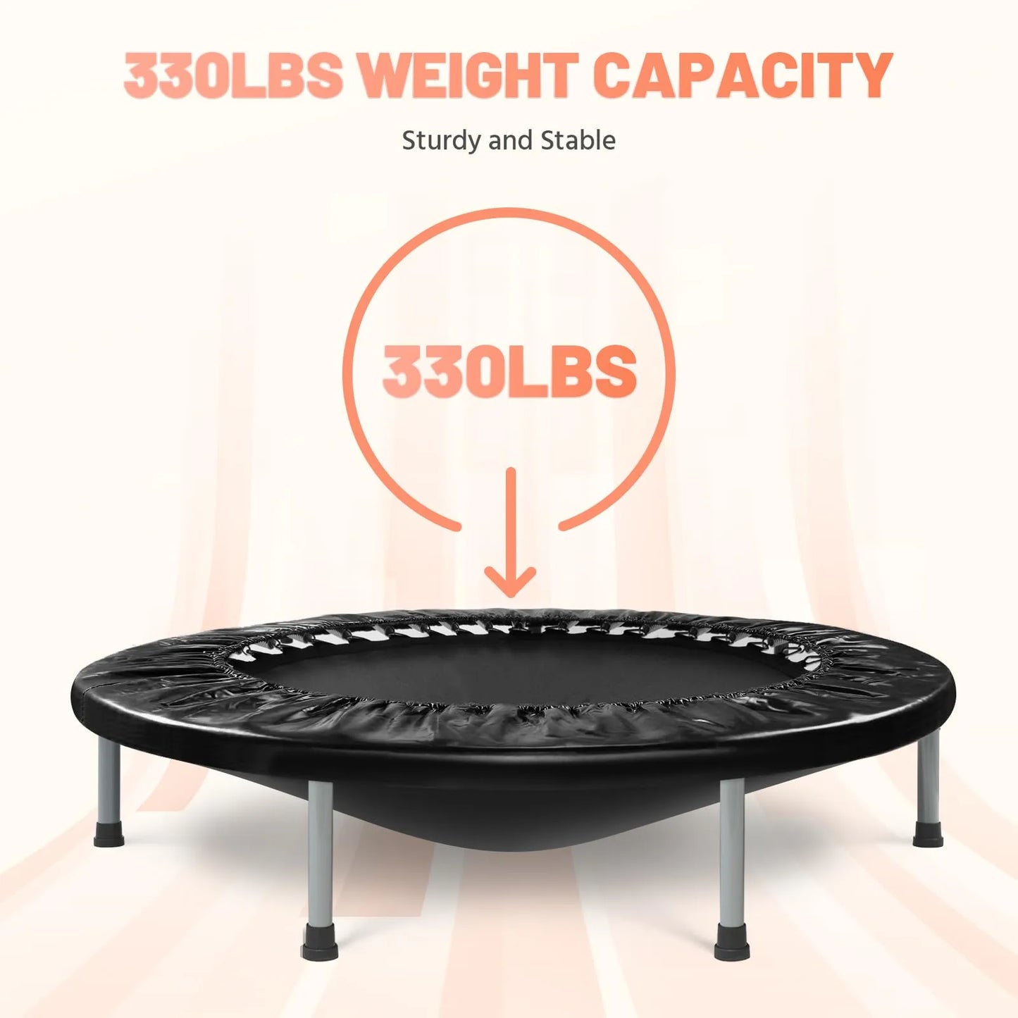 Black trampoline with 330lbs weight capacity text on a white background