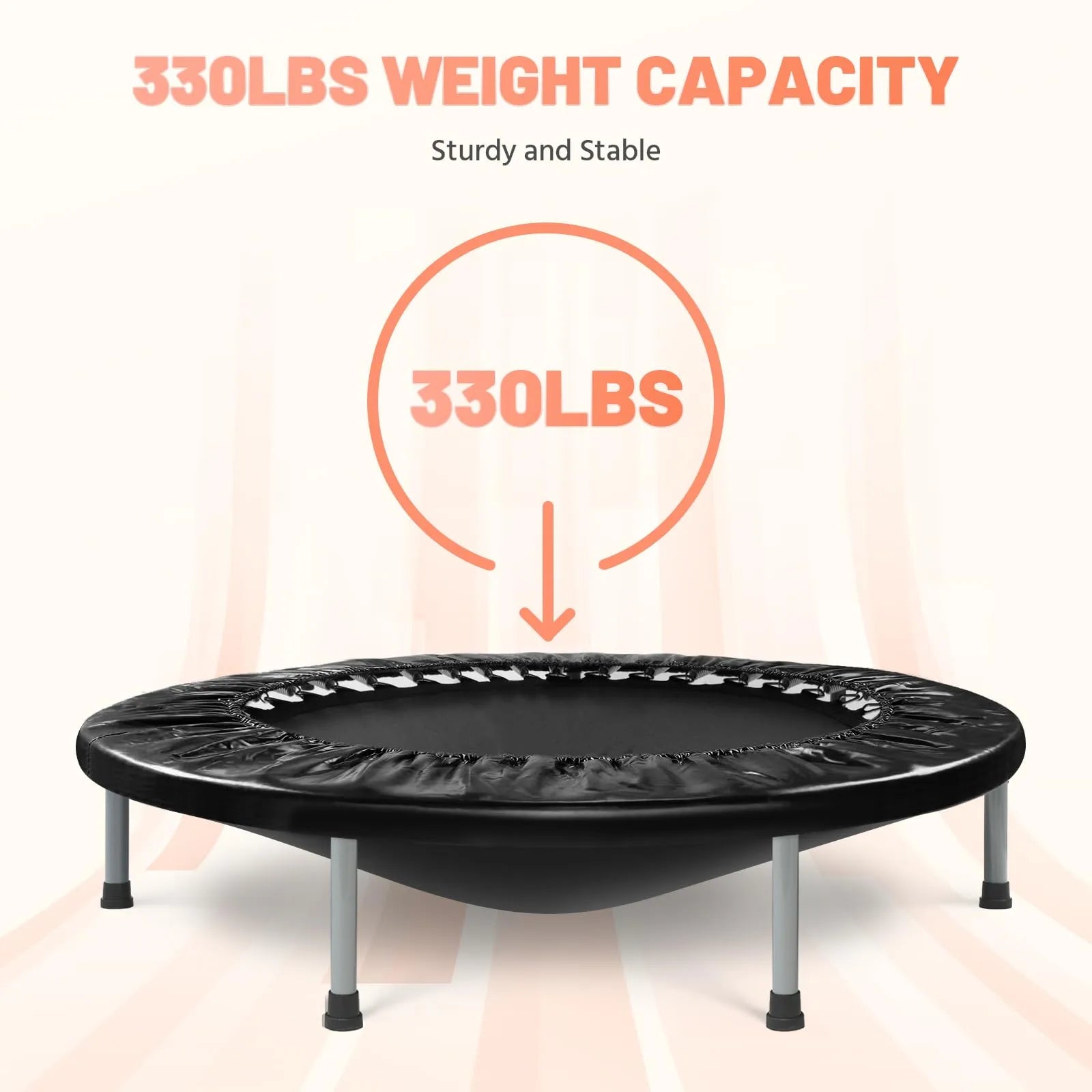 Black trampoline with 330lbs weight capacity text on a white background