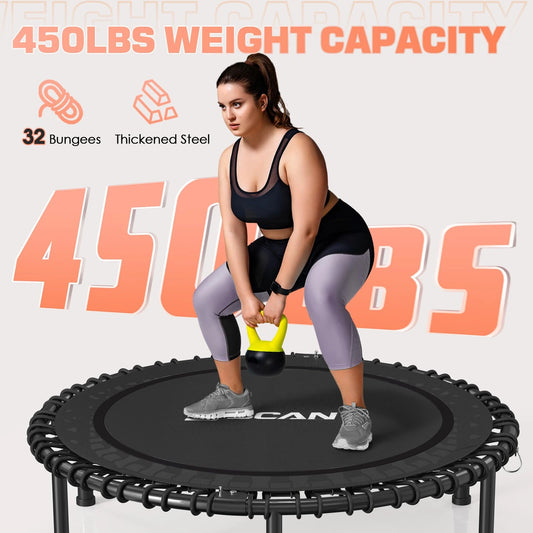 An overweight woman is exercising with a kettlebell on a mini trampoline
