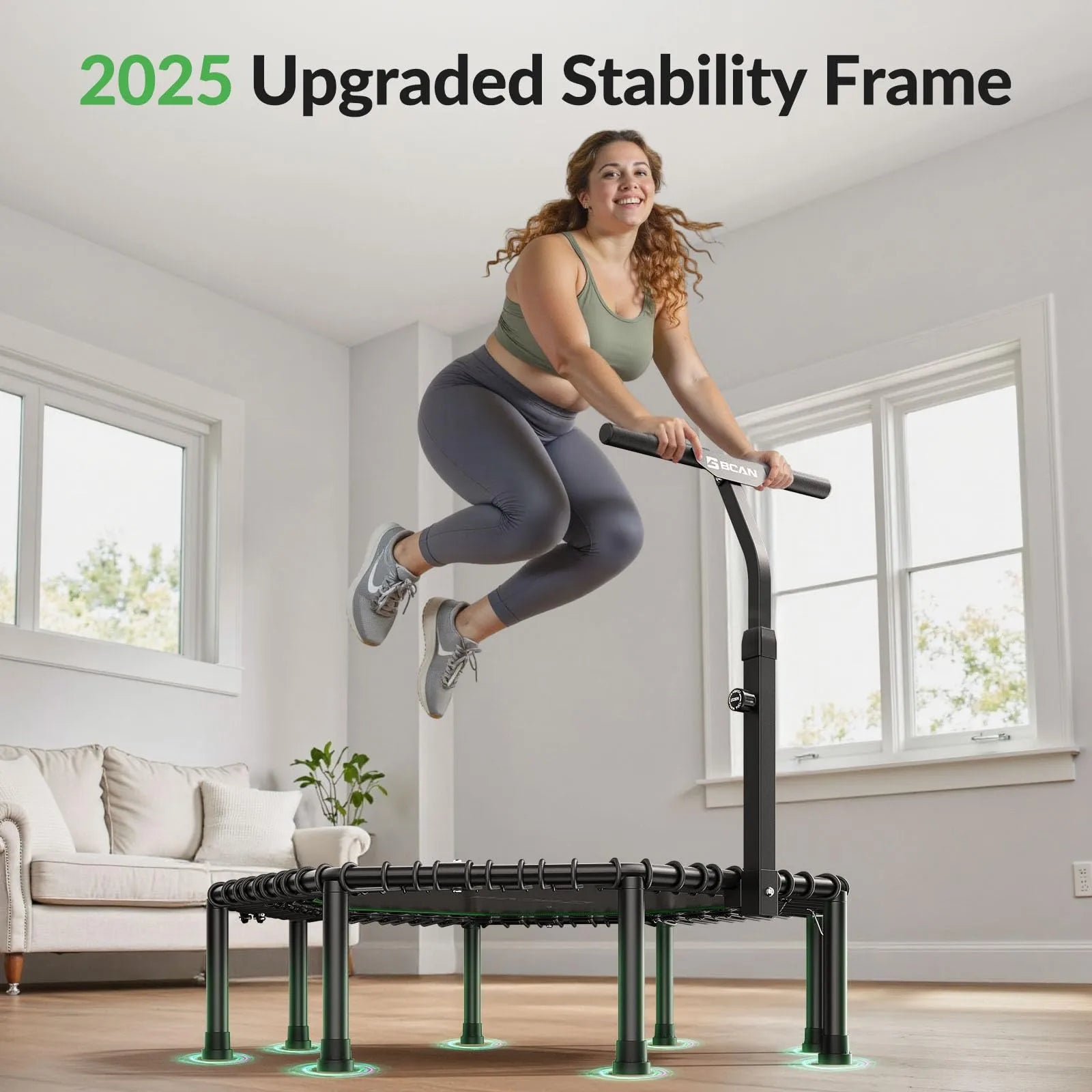 Woman exercising on a trampoline with '2025 Upgraded Stability Frame' text.