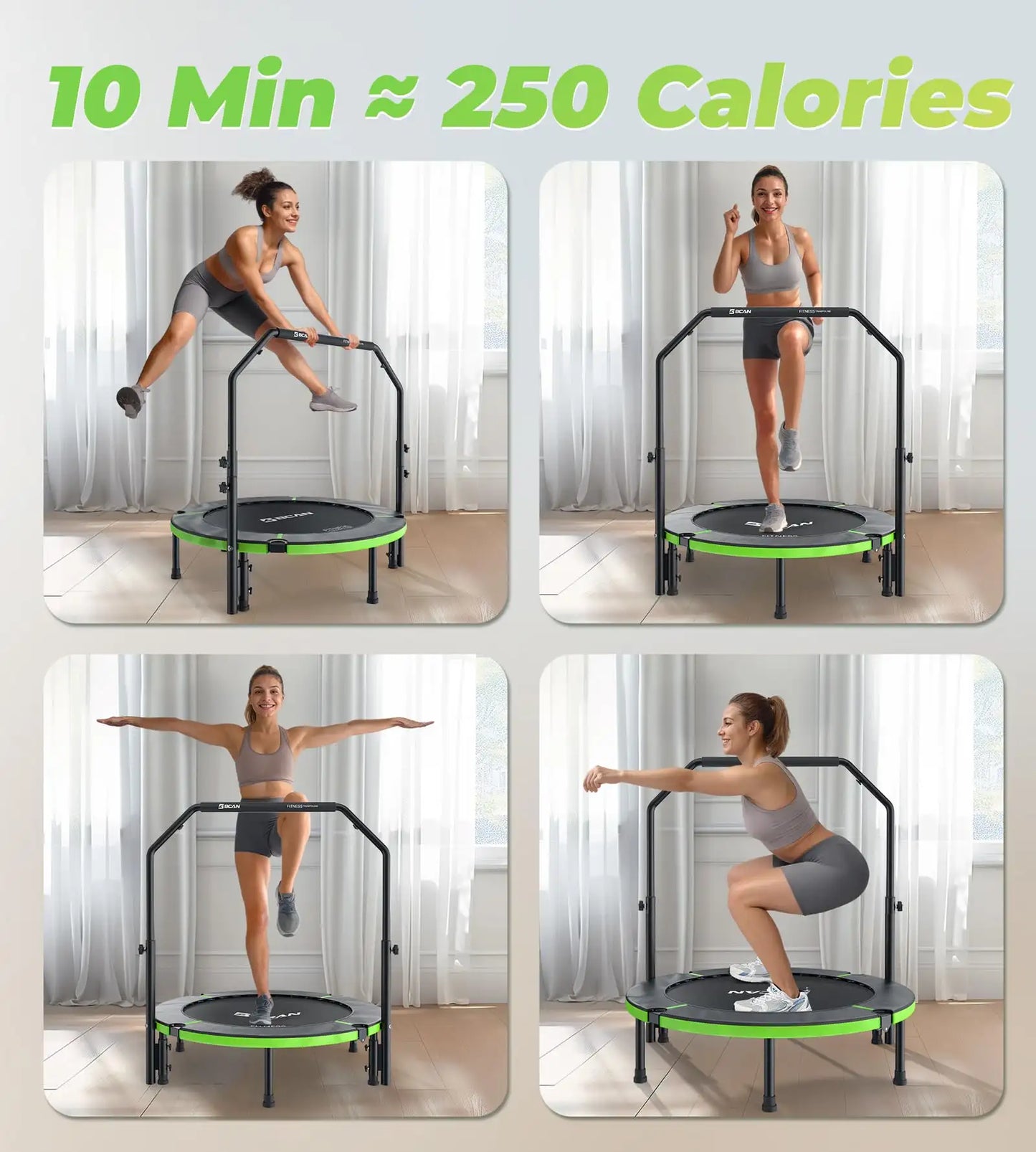 Woman exercising on a trampoline with text indicating calorie burn.