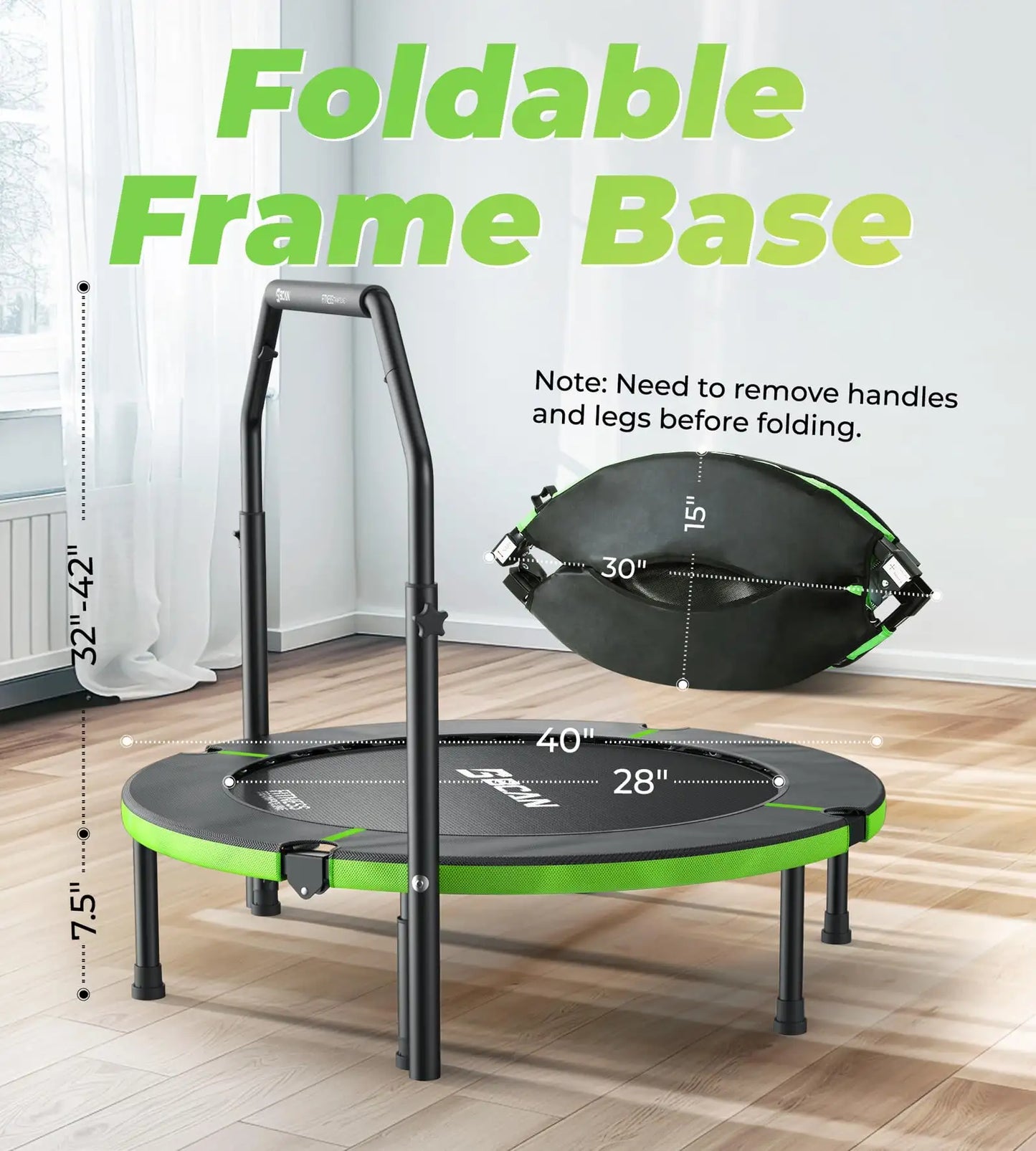 Foldable frame base with dimensions and removal instructions on a wooden floor.