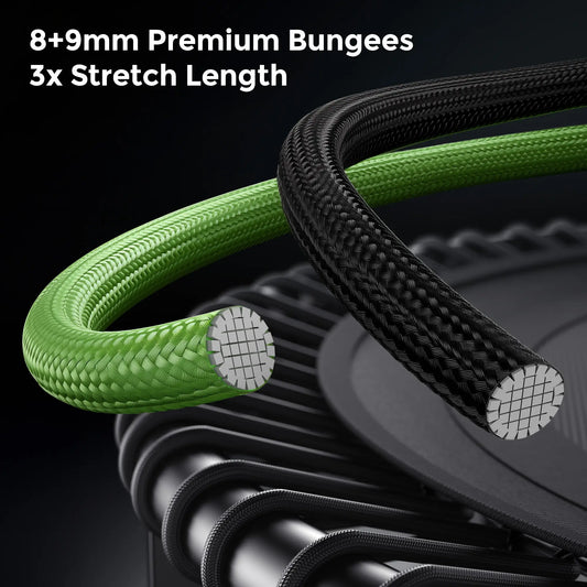 Green and black bungees with text indicating size and stretch length on a dark background