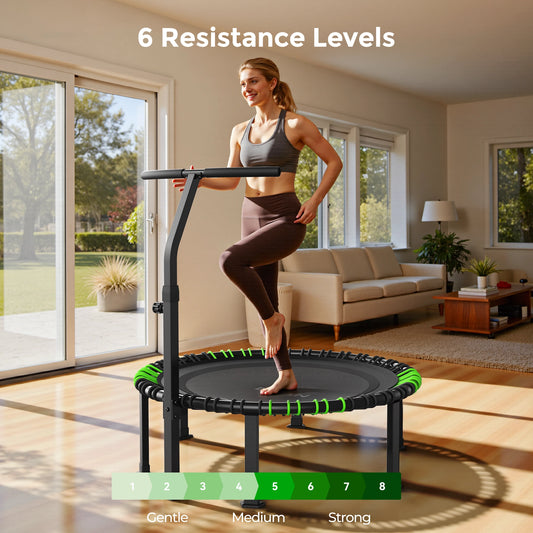 A female exerciser works out on a FED Fitness Bcan BT4 mini trampoline