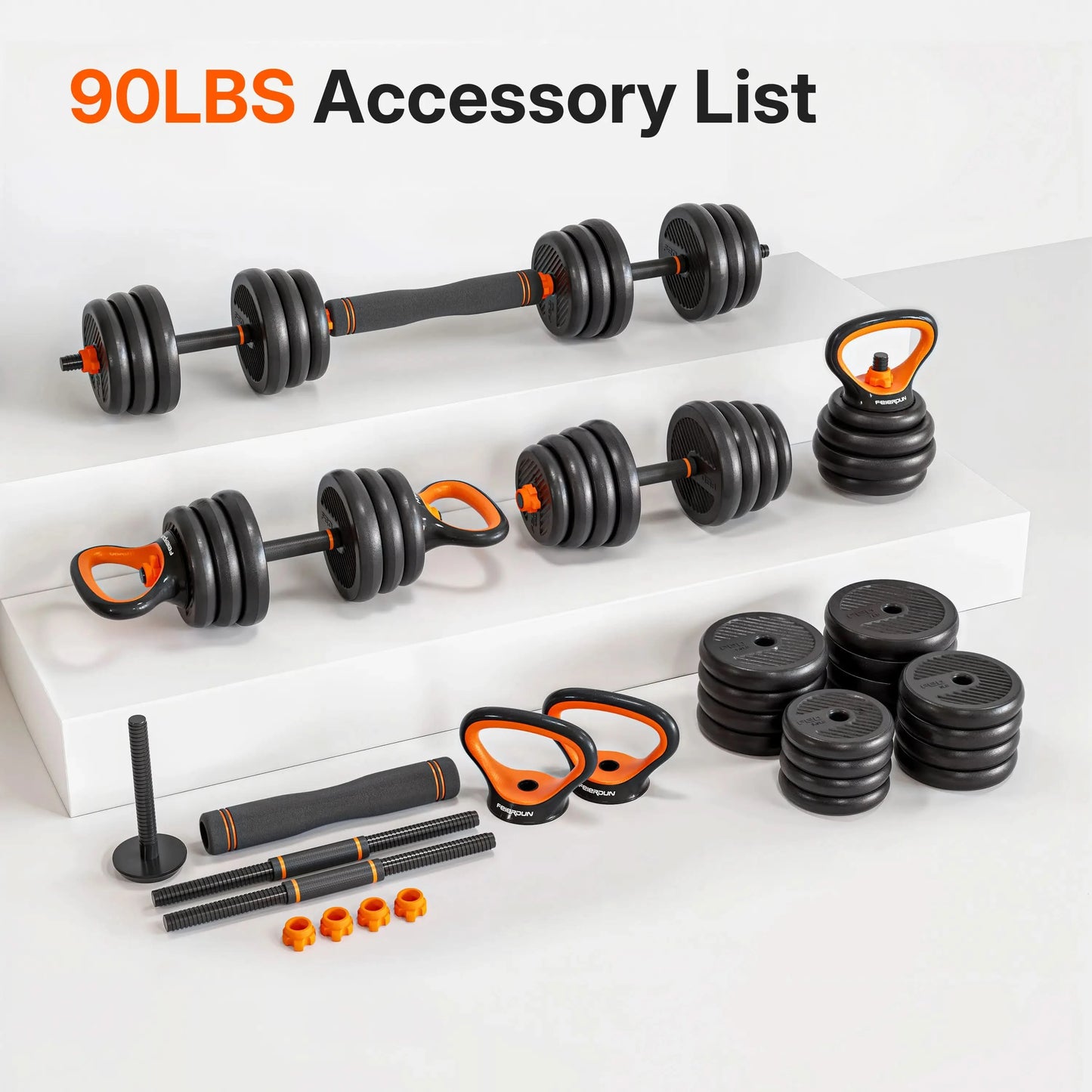 90 lbs adjustable dumbbells, kettlebell