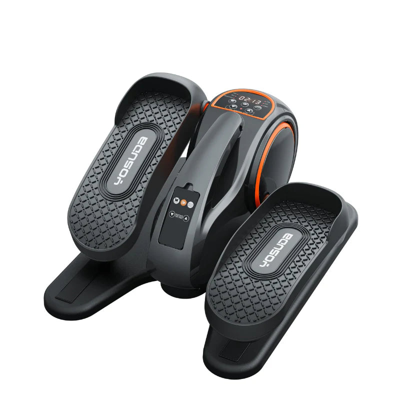 Pair of black and gray electronic devices with orange accents on a white background