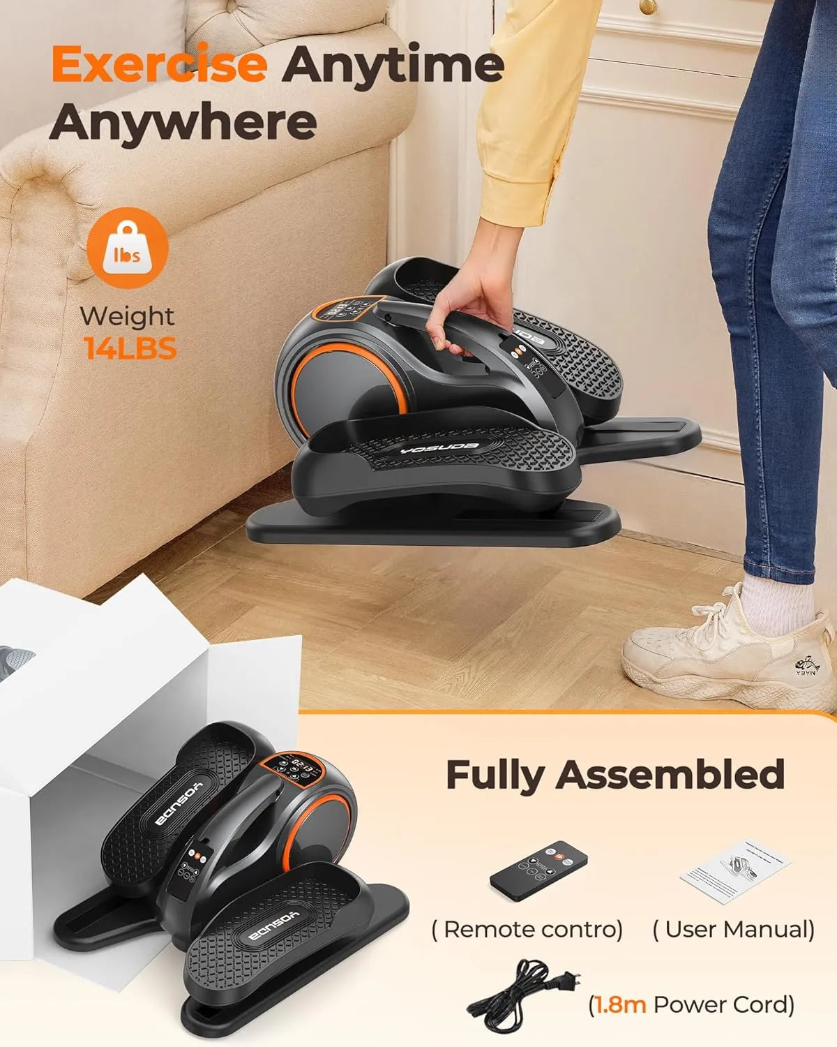 Portable exercise device with remote control and power cord, shown in use and fully assembled.
