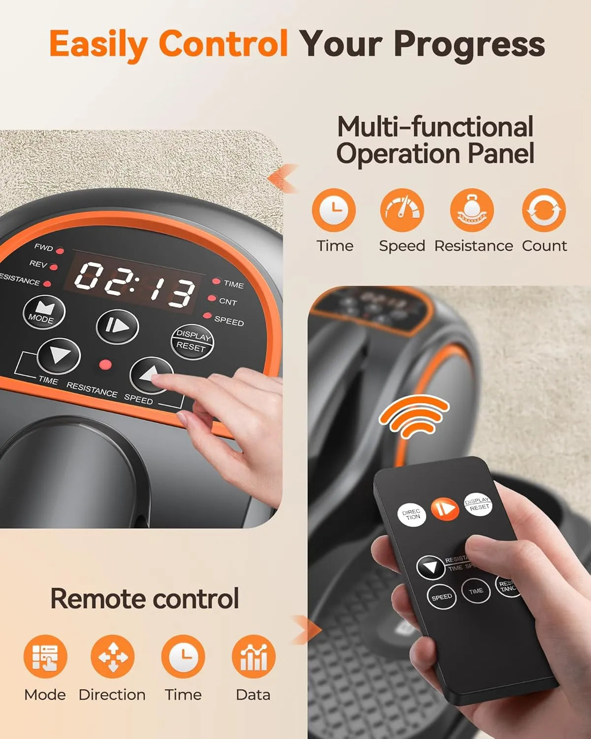 Multi-functional operation panel with digital display and remote control for fitness equipment.