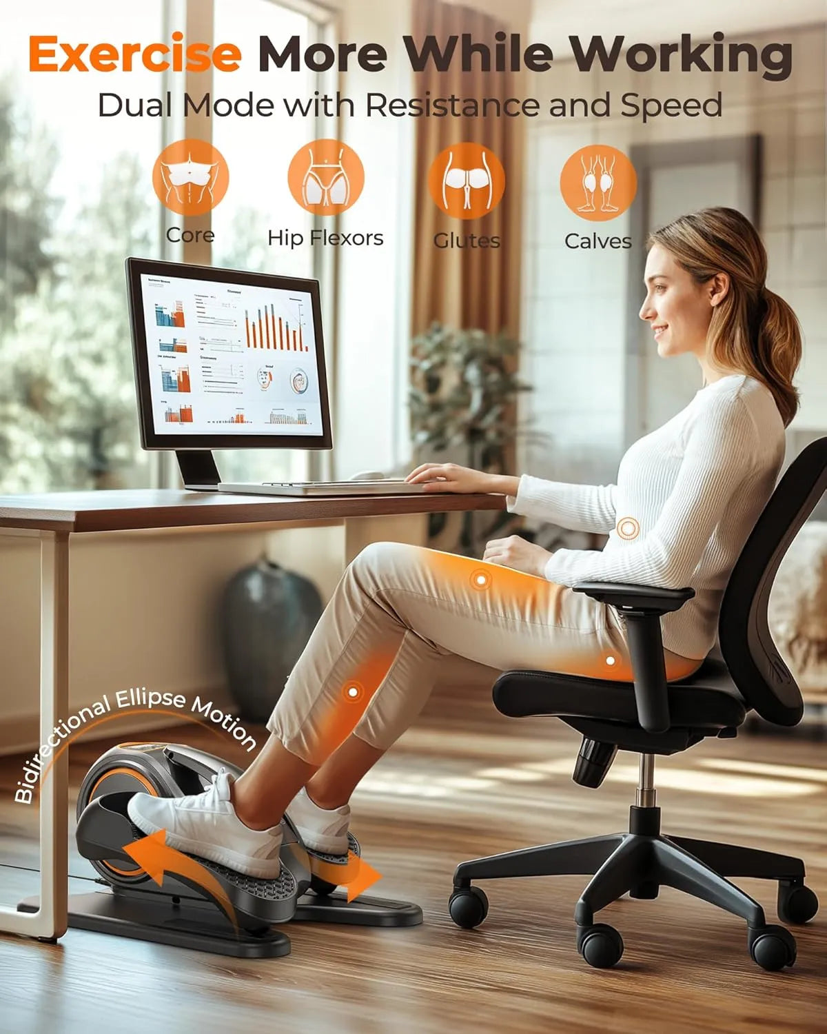 Person using a desk exercise bike in a home office setting with computer monitor displaying graphs.