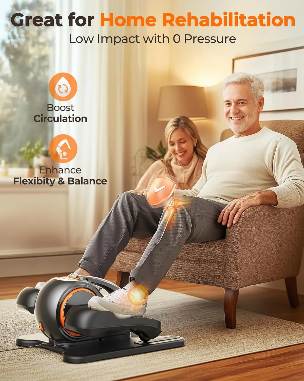 Man using a leg exercise machine in a home setting with text highlighting benefits.