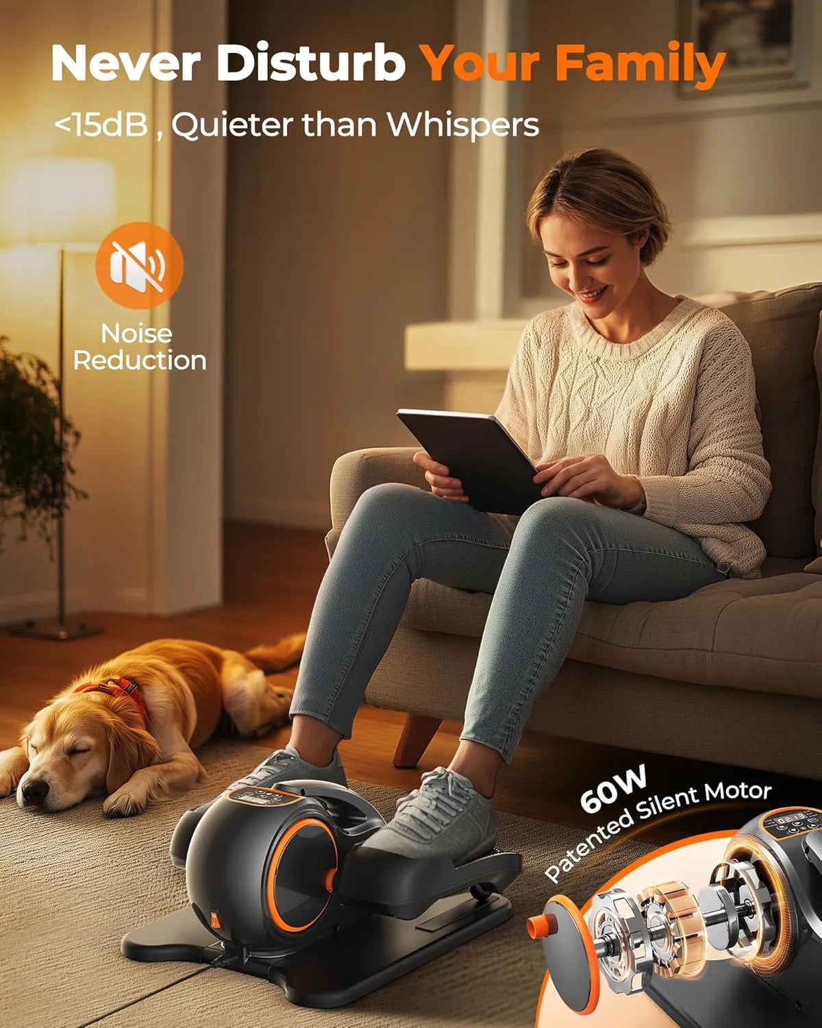 Woman using a noise reduction device in a living room with a dog.
