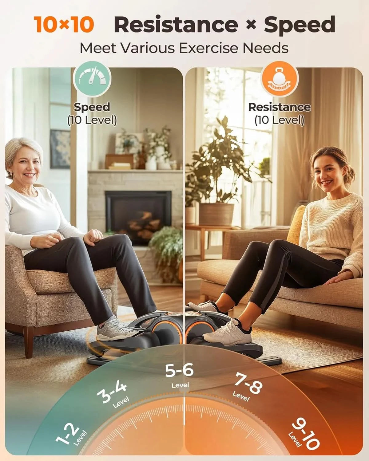 Two people using a home exercise device with resistance and speed settings displayed.