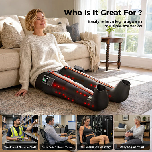 Woman relaxing in FED Fitness compression boots, showing recovery scenarios for workers, office staff, athletes, and seniors.