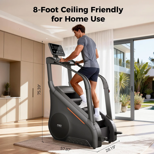 Man using a treadmill in a home setting with dimensions highlighted.