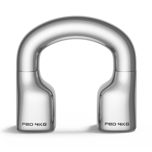 Silver dumbbell with 'FED 4KG' marking on a white background