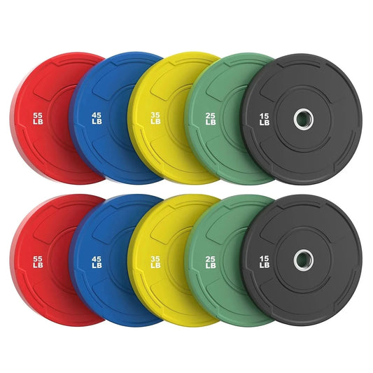 Eight weight plates arranged in two rows on a white background, including red, blue, yellow, green, and black plates in 15, 25, 35, and 45 lb sizes.