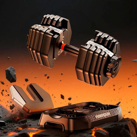 Pair of adjustable dumbbells with a dark background and rocky elements.