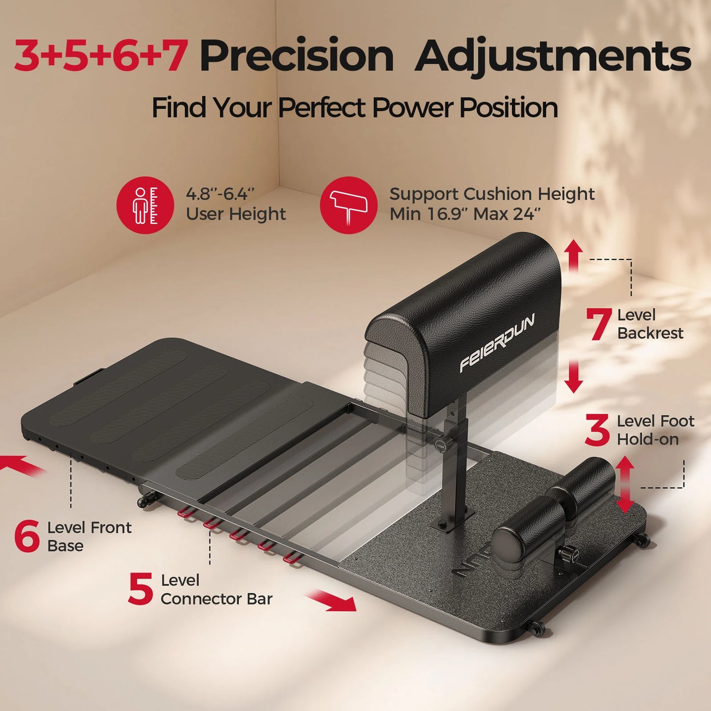 Adjustable fitness device with precision adjustments for user comfort and support.