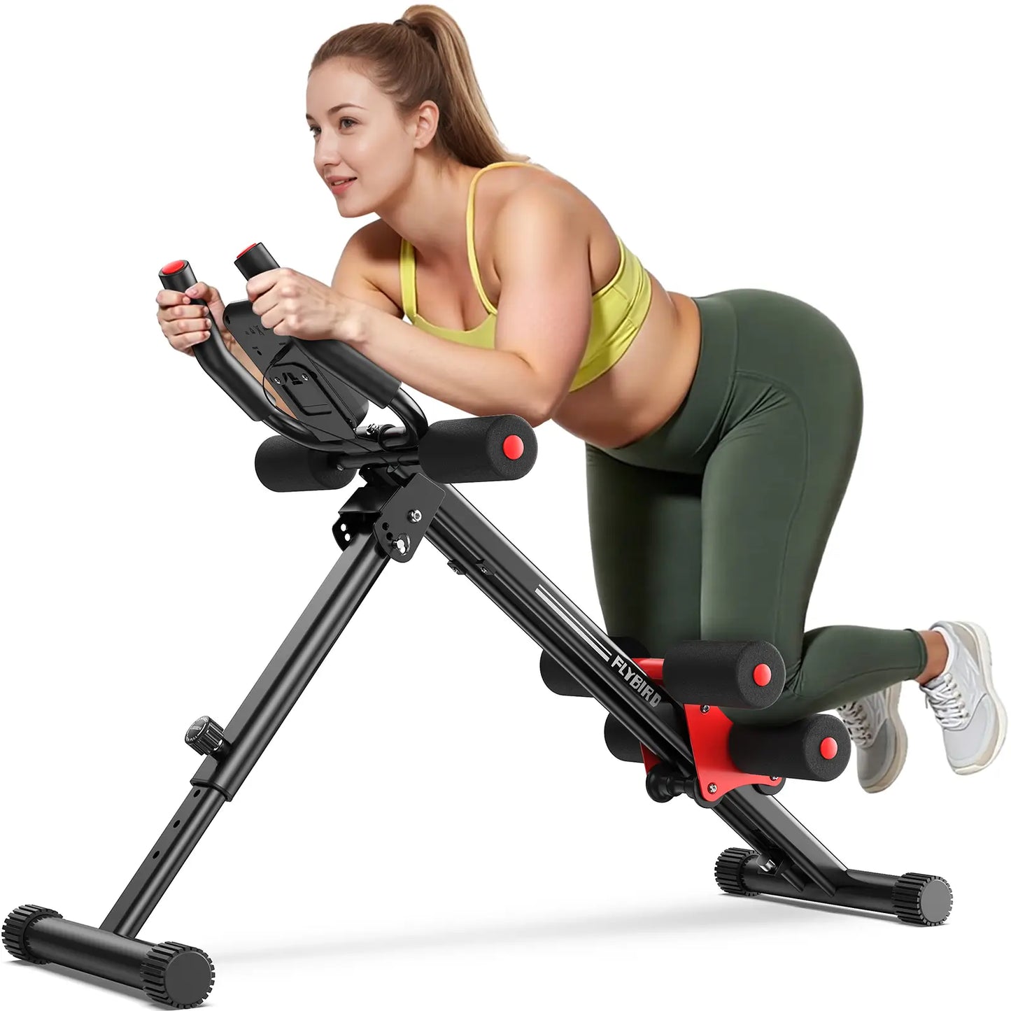 Woman using a black and red exercise machine on a white background